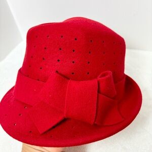 Midnight Velvet 100% Wool Fedora Red Hat with Bow